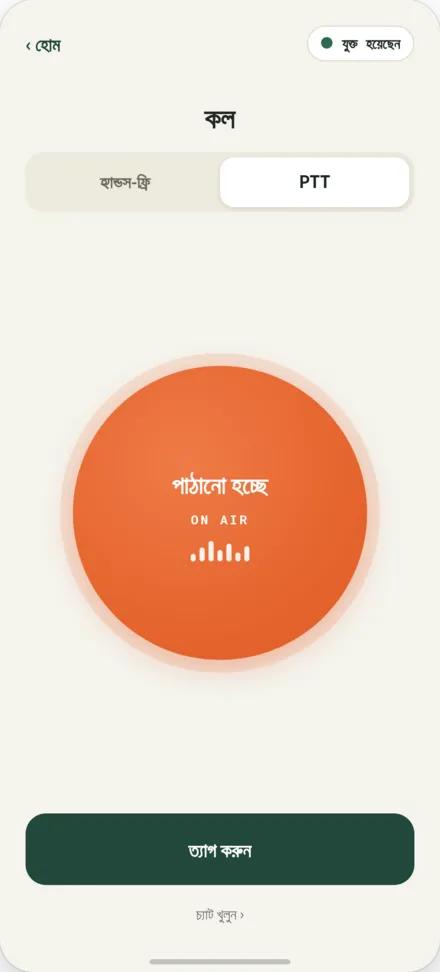 কল স্ক্রিন। PTT বোতাম চাপা অবস্থায় সম্প্রচার