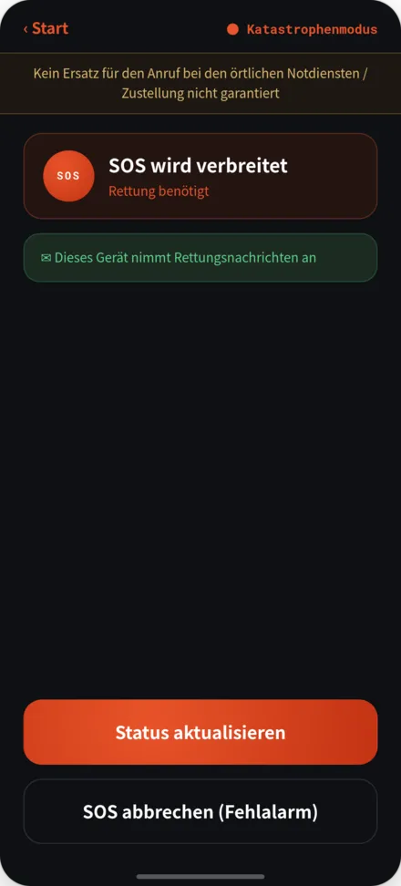 SOS-Sendbildschirm. Status benötigt Hilfe und Haftungsausschlusshinweis