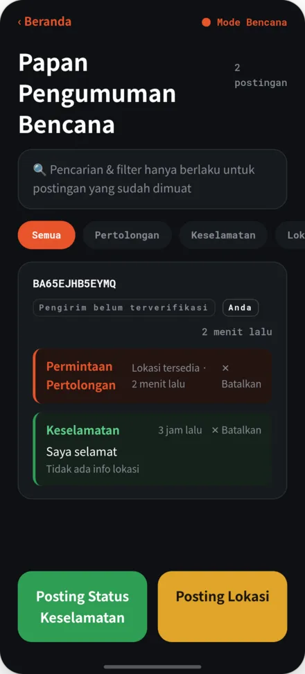 Layar papan informasi bencana. Daftar permohonan bantuan dan keselamatan