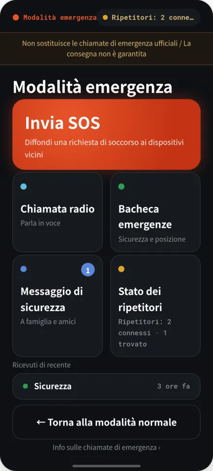 Home in modalità disastro. Menu per SOS, bacheca, stato di inoltro