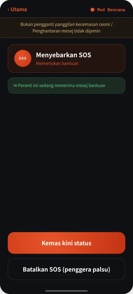 Layar pengiriman SOS. Status: memerlukan bantuan, dengan spanduk penafian