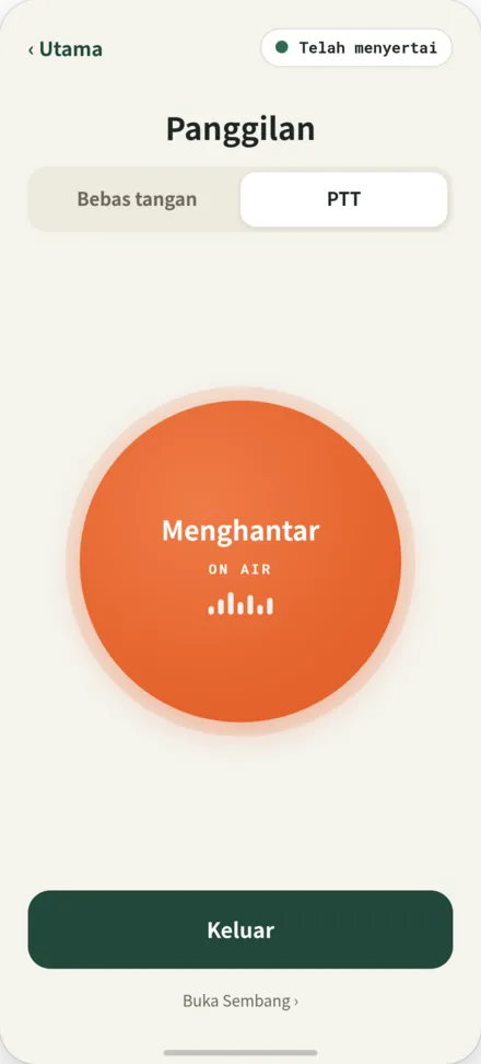 Layar panggilan. Tombol PTT ditekan saat transmisi