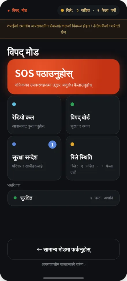 विपत्तिमा मुख पृष्ठ। SOS पठाउने, विपत्तिको सूचना पटल, रिले अवस्था आदिको मेनु