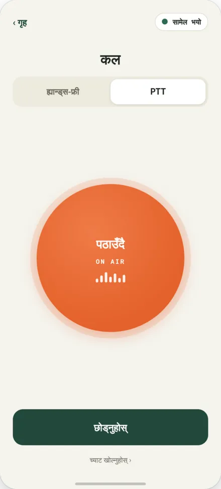 कल पृष्ठ। PTT बटन दबाएर बोल्दै