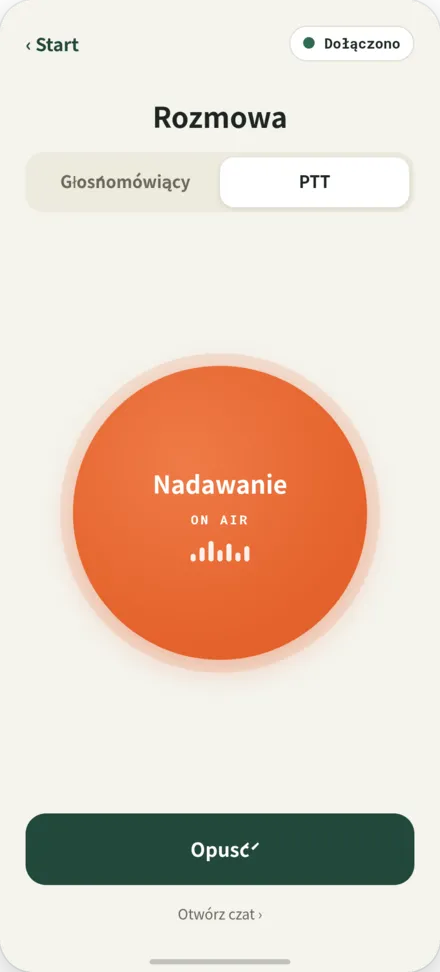 Ekran rozmowy. Przycisk PTT wciśnięty podczas transmisji