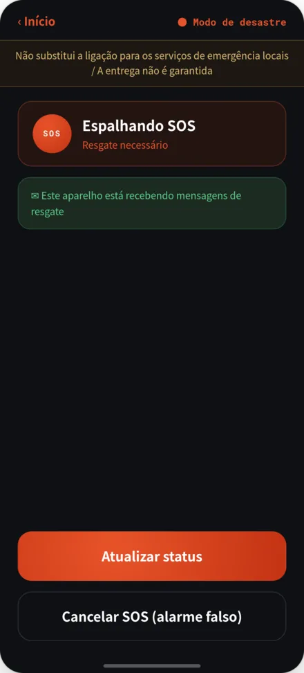 Tela de difusão SOS. Status 'preciso de ajuda' e banner de aviso