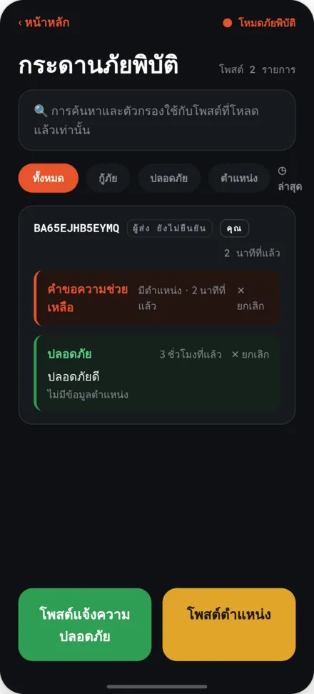 บอร์ดประกาศสำหรับภาวะภัยพิบัติ รายการโพสต์ข้อมูลความปลอดภัยและคำขอความช่วยเหลือ