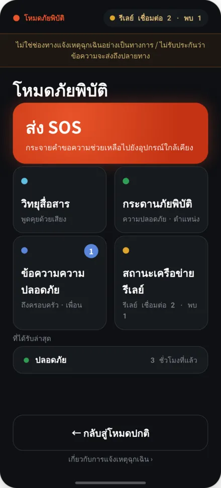 หน้าแรกในโหมดภัยพิบัติ เมนู: SOS บอร์ดประกาศ สถานะการส่งต่อ