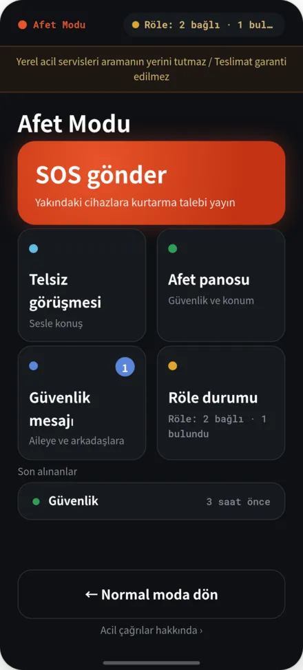 Afet modundaki ana ekran. SOS gönderimi, afet panosu, aktarım durumu vb. menü