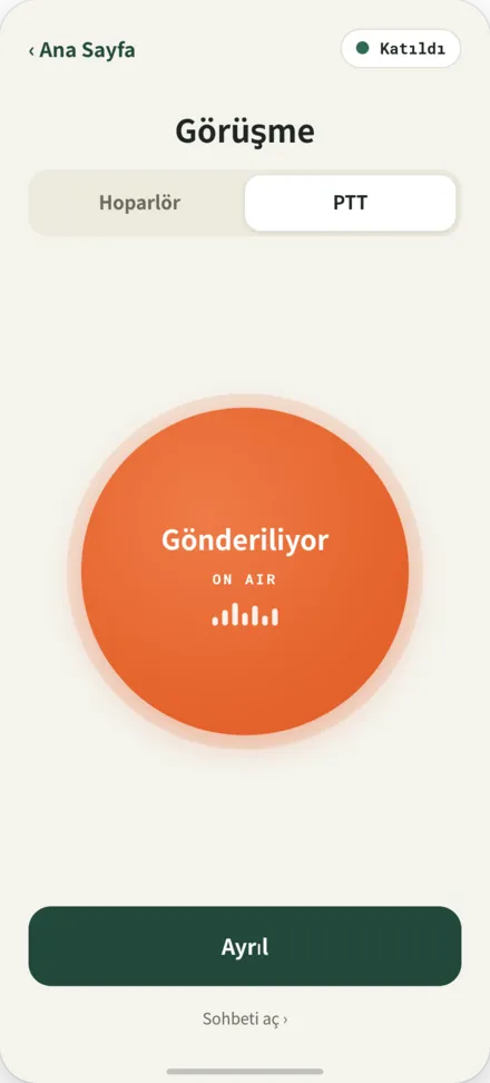 Arama ekranı. PTT düğmesi basılı tutularak konuşma gönderimi yapılıyor