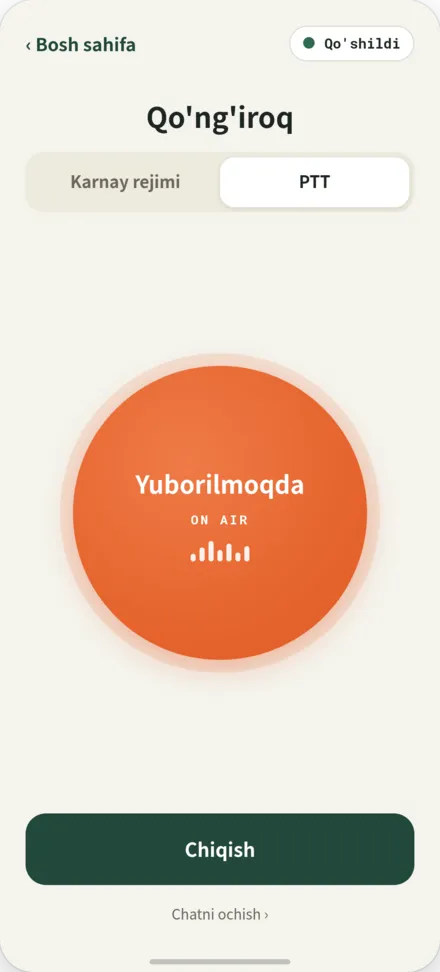 Suhbat sahifasi. PTT tugmasini bosib turib sohta gapirish