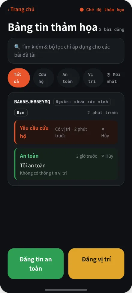 Màn hình bảng thảm họa. Danh sách bài đăng an toàn và yêu cầu trợ giúp
