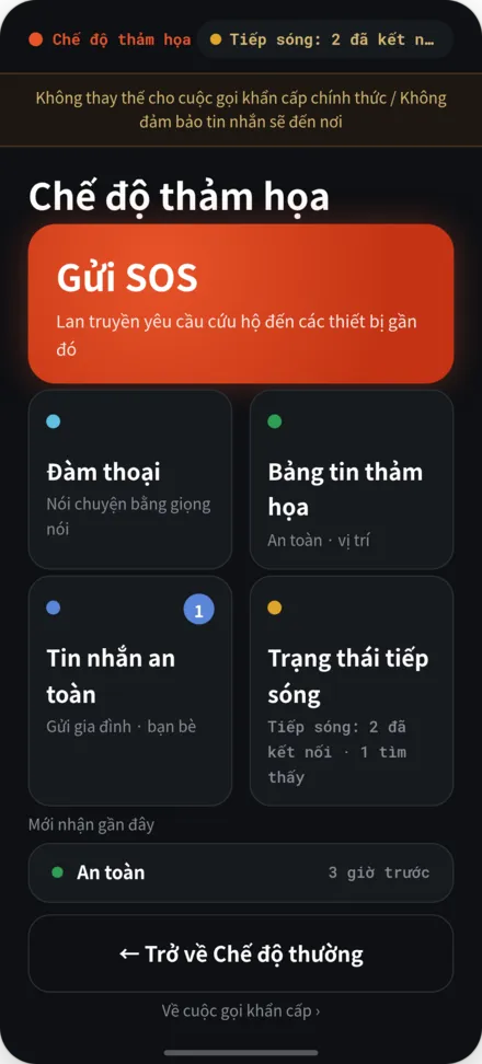 Màn hình chính ở chế độ thảm họa. Menu SOS, bảng thảm họa, trạng thái chuyển tiếp, v.v.