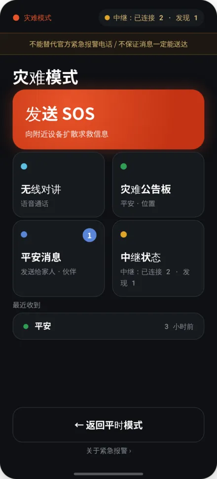 灾难模式主屏幕,包含SOS发送、公告板和中继状态选项