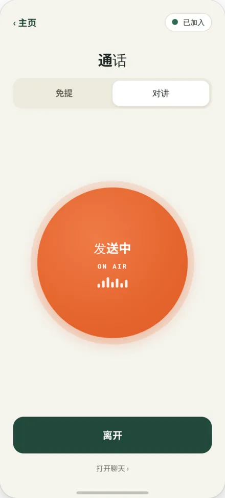 通话屏幕,PTT按键处于按下状态